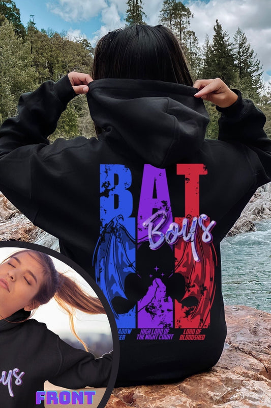 Bat Boys Hoodie — ACOTAR merch by Sarah J. Maas. Rhys, Cassian, Azriel — the Night Court's beloved trio. Hand-designed in Australia, officially licensed.