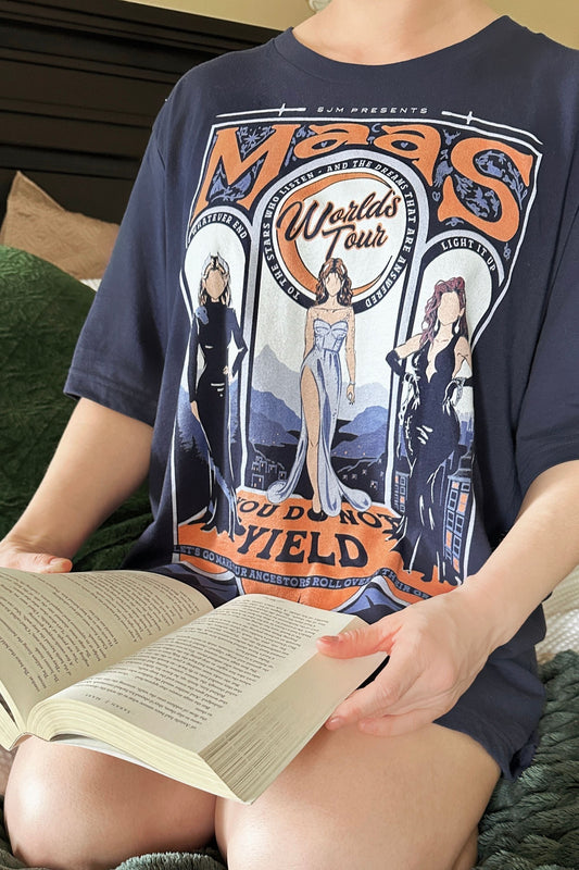 Maasverse T-Shirt — Sarah J. Maas merch. Bryce, Feyre, Aelin — the Maas World Tour. Three series, one queen. Hand-designed in Australia, officially licensed.