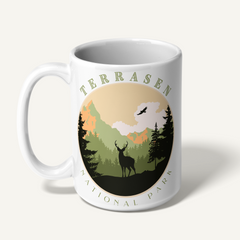 White Terrasen National Park mug, left side — Throne of Glass merch inspired by Sarah J. Maas