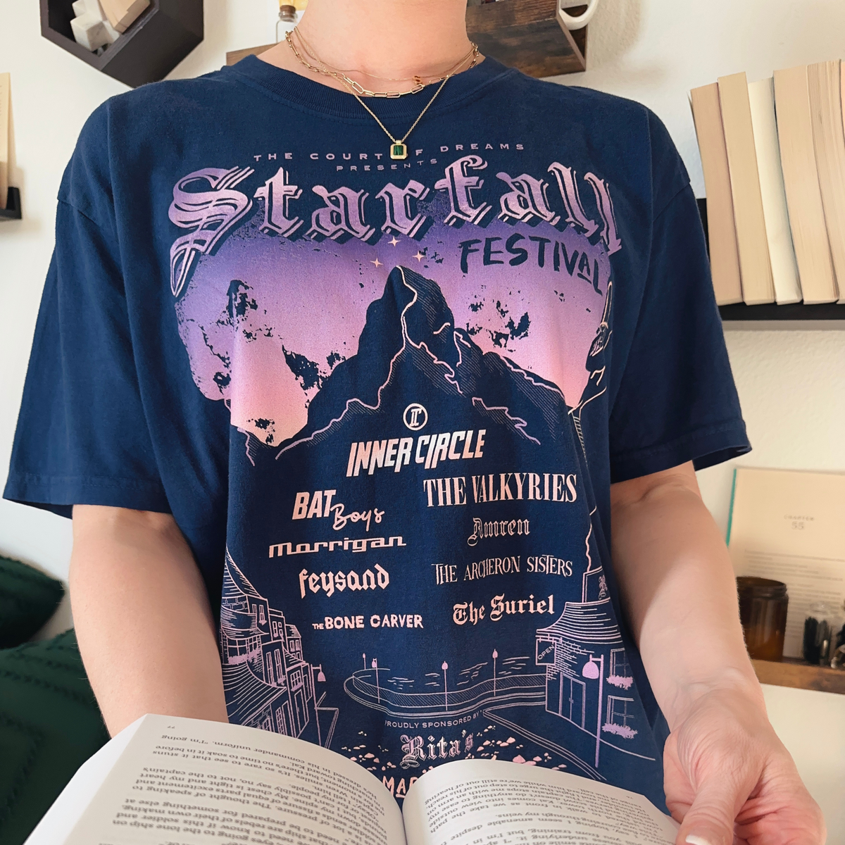 Starfall T-Shirt — ACOTAR merch by Sarah J. Maas. The Night Court festival where the world goes to dust and starlight. Hand-designed in Australia, officially licensed.