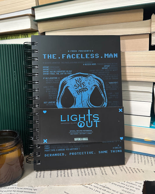 Faceless Man Notebook — Lights Out merch by Navessa Allen. The man you'll never forget — bookish notebook for the Lights Out fans. Hand-designed in Australia, officially licensed.