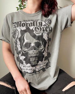 Morally Grey T-Shirt — bookish merch by Caffeine and Curses. He's not a villain — he's morally grey. Hand-designed in Australia.