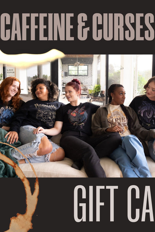 Caffeine and Curses gift card graphic with five friends sitting on a couch in bookish graphic tees, framed by a coffee-stain mark on charcoal