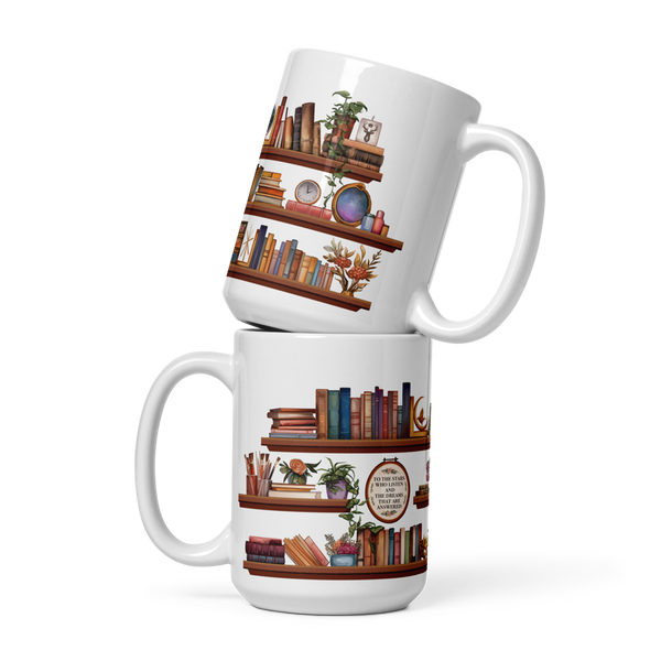 Two stacked Sarah J. Maas Shelfie mugs