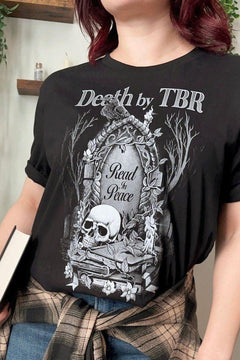 Death By TBR Vol 2 T-Shirt — bookish merch by Caffeine and Curses. The to-be-read pile that will outlive us all. Hand-designed in Australia.