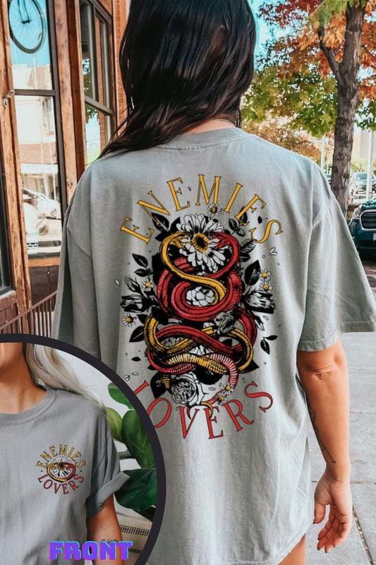 Enemies To Lovers Vol.1 T-Shirt — bookish merch by Caffeine and Curses. The trope that wrecks you, on a shirt. Hand-designed in Australia.