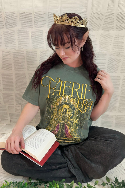 Faerie Era T-Shirt — bookish merch by Caffeine and Curses. Welcome to your faerie era — high courts and chaos. Hand-designed in Australia.