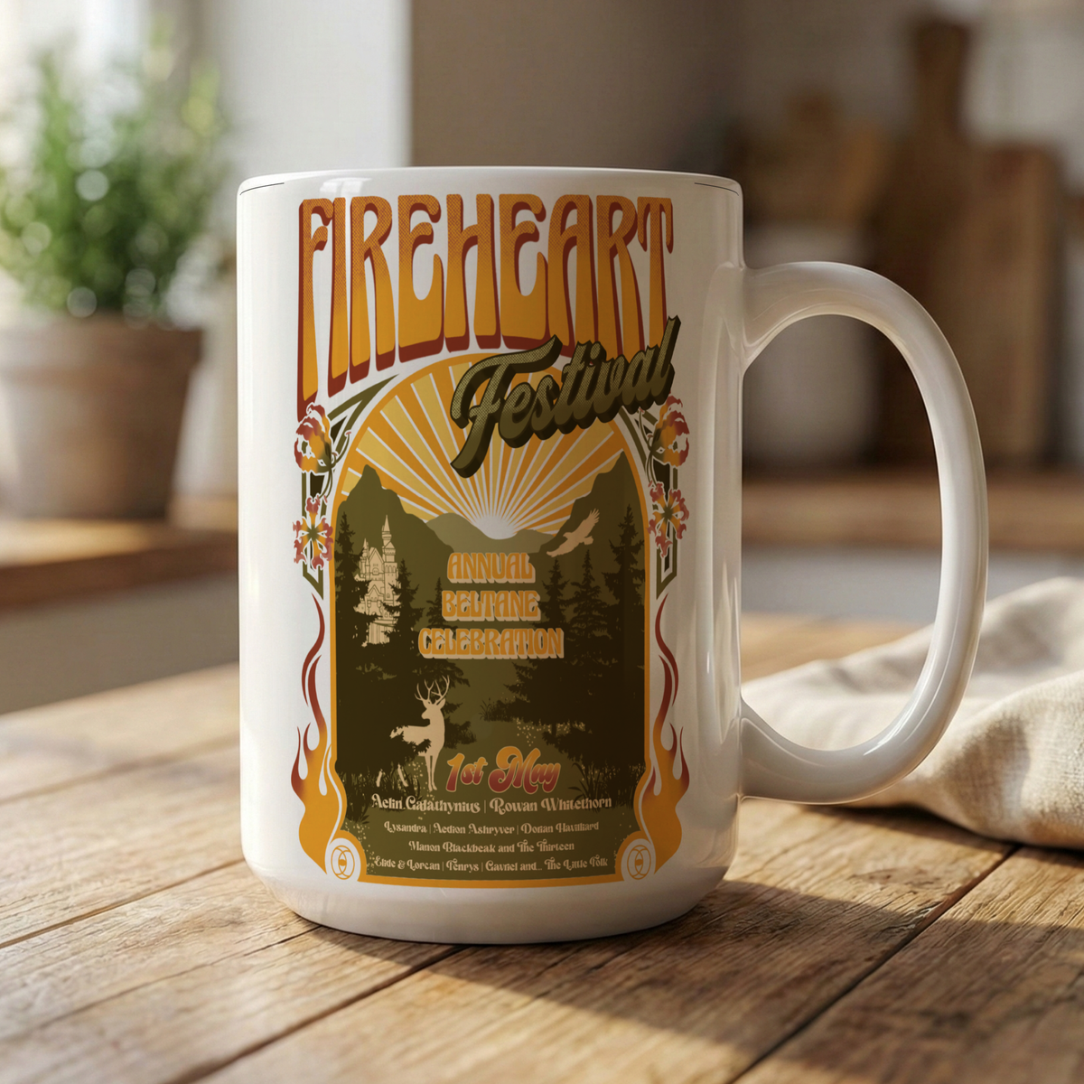 Fireheart Festival mug styled — Throne of Glass merch inspired by Sarah J. Maas