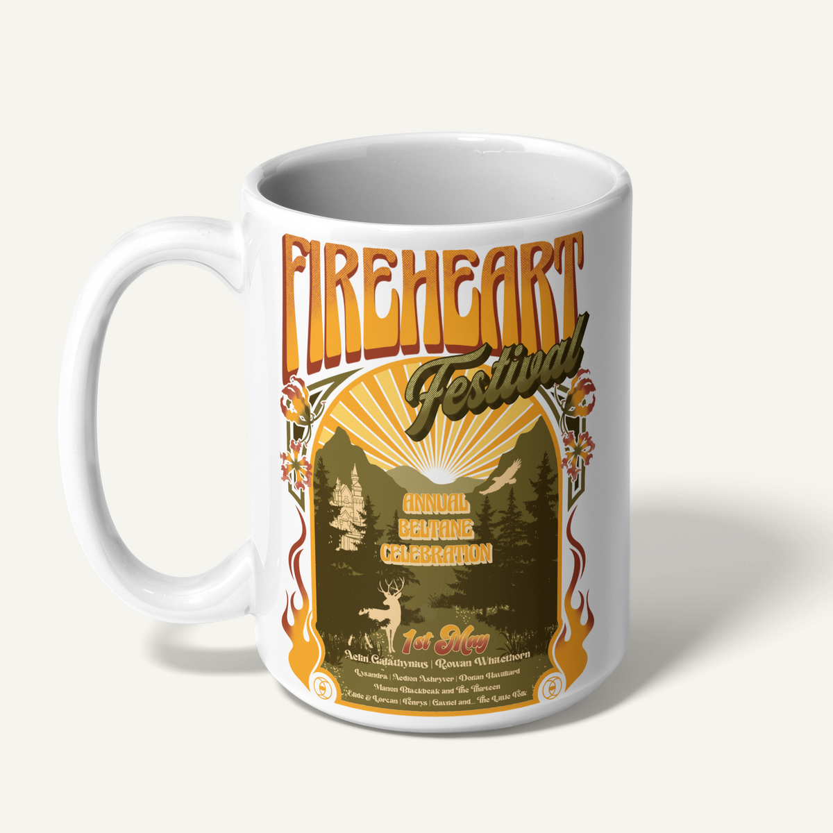 White Fireheart Festival mug, left side — Throne of Glass merch inspired by Sarah J. Maas