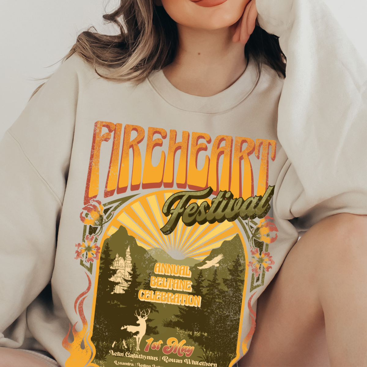Sand Fireheart Festival sweatshirt styled — Throne of Glass merch inspired by Sarah J. Maas