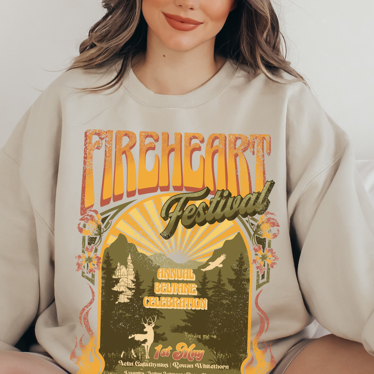 Sand Fireheart Festival sweatshirt styled — Throne of Glass merch inspired by Sarah J. Maas