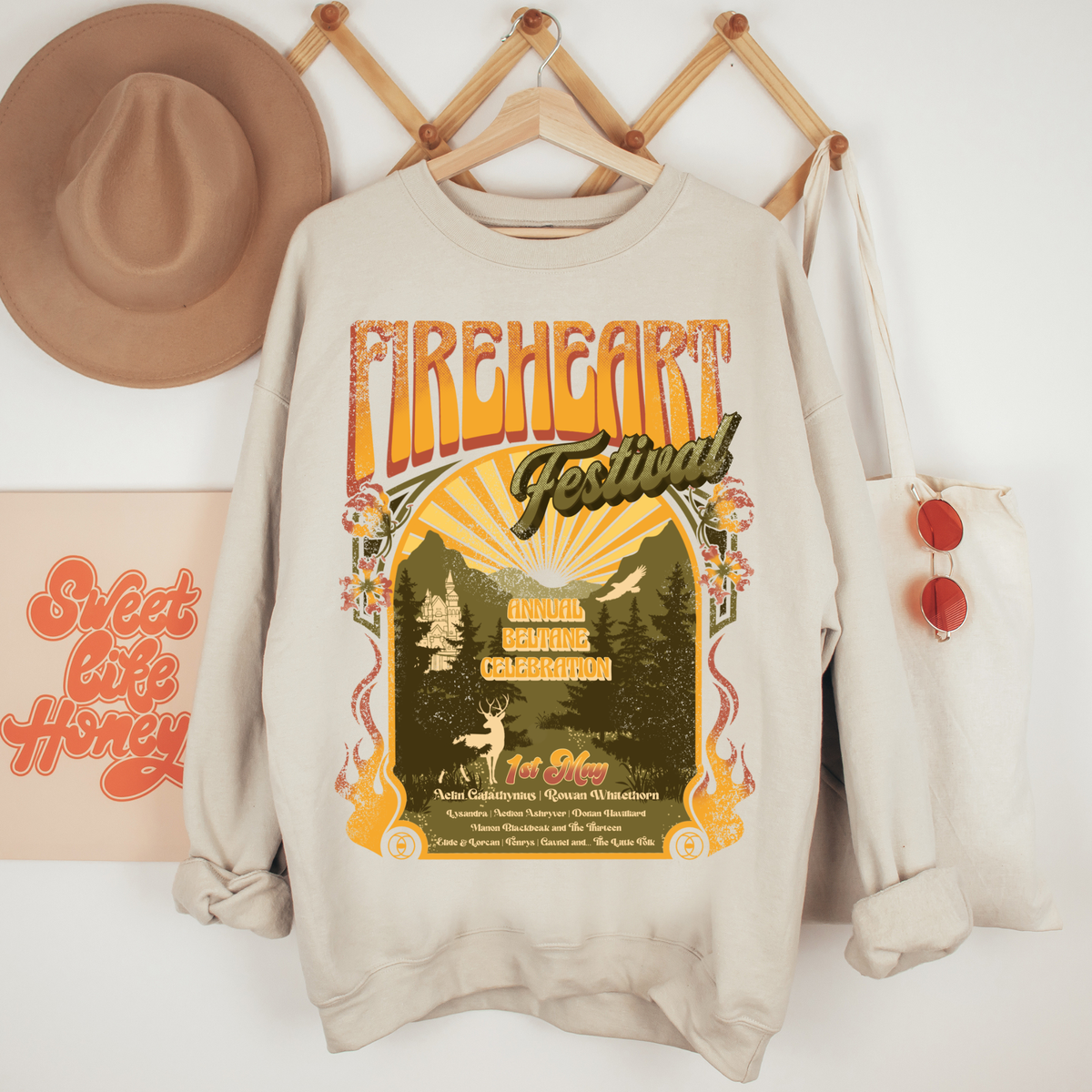 Sand Fireheart Festival sweatshirt styled — Throne of Glass merch inspired by Sarah J. Maas