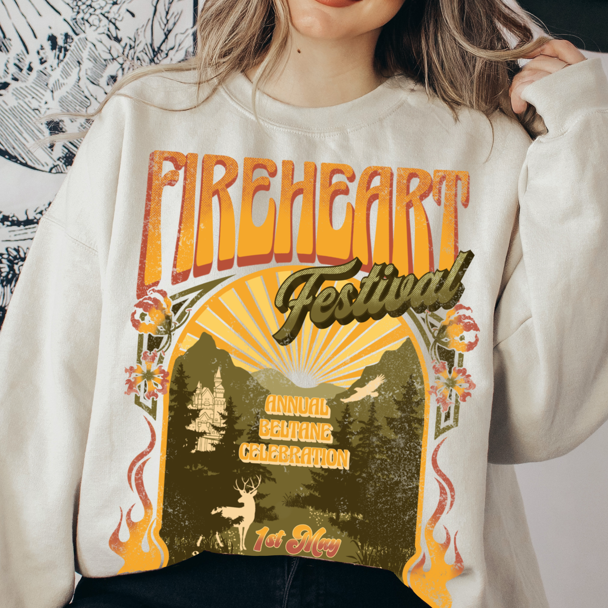 Sand Fireheart Festival sweatshirt with retro Beltane poster print — Throne of Glass merch inspired by Sarah J. Maas