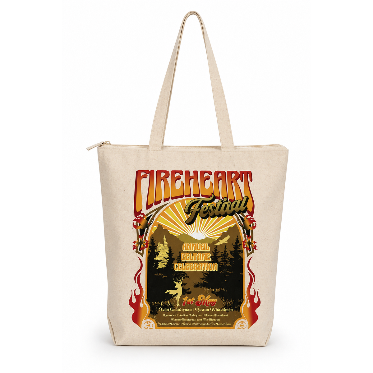 Natural canvas zip tote on white, printed with Fireheart Festival poster art of a sunburst, castle and stag, inspired by Throne of Glass by Sarah J. Maas