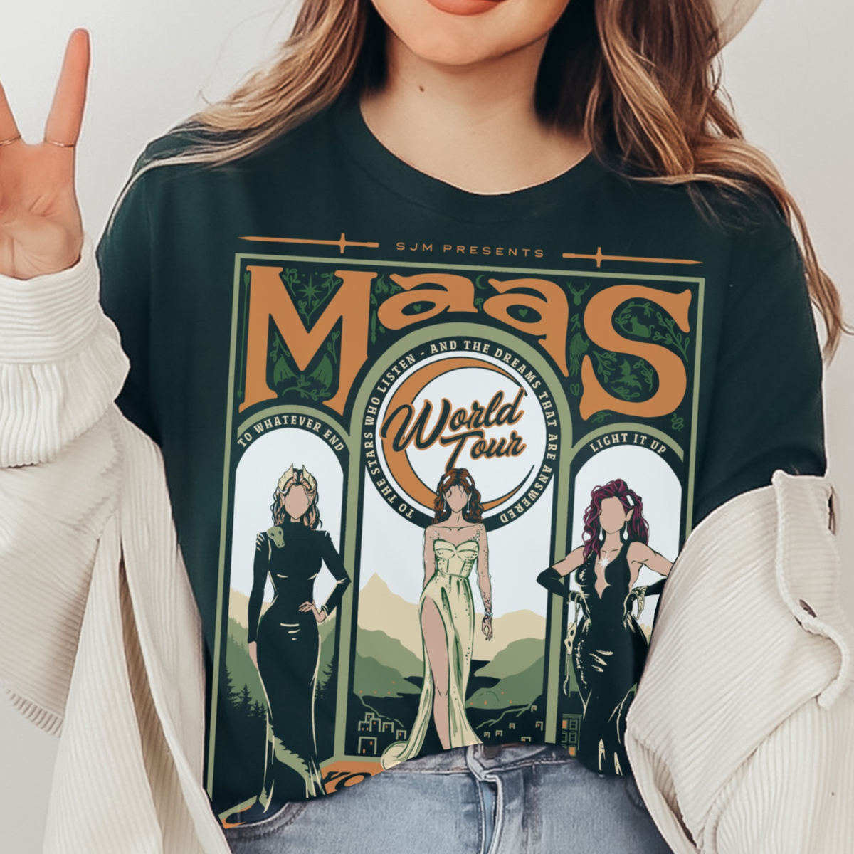 Forest green Maas World Tour t-shirt — merch inspired by the worlds of Sarah J. Maas