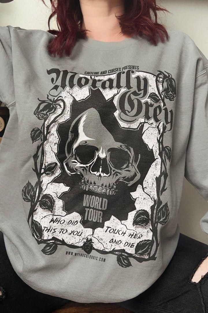 Morally Grey Sweatshirt — bookish merch by Caffeine and Curses. He's not a villain — he's morally grey. Hand-designed in Australia.