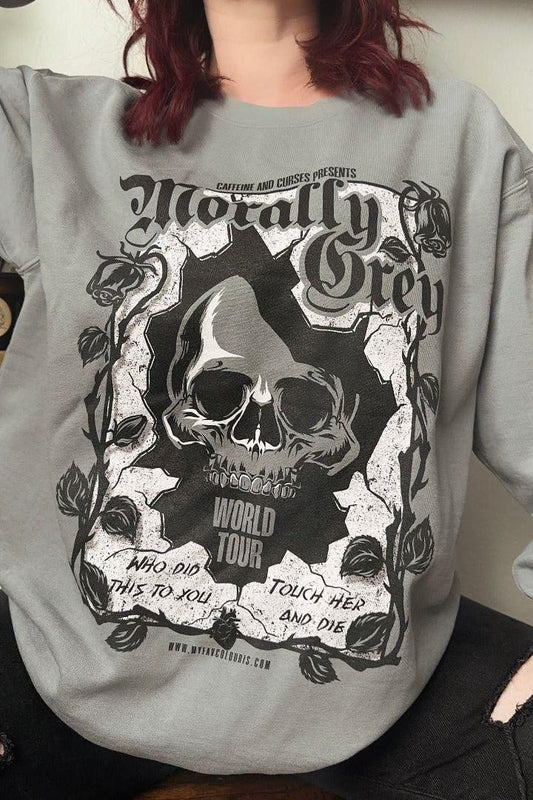 Morally Grey Sweatshirt — bookish merch by Caffeine and Curses. He's not a villain — he's morally grey. Hand-designed in Australia.