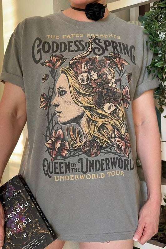 Persephone T-Shirt — A Touch of Darkness merch by Scarlett St. Clair. Spring goddess in the Underworld — the bargain that became a crown. Hand-designed in Australia, officially licensed.
