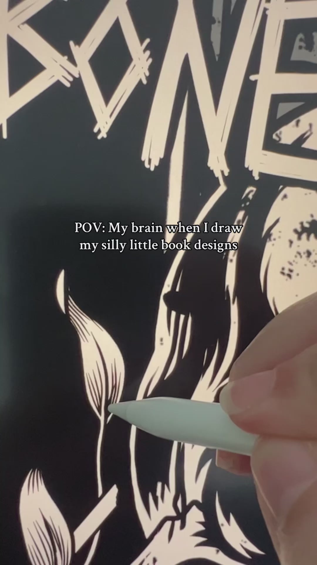 Behind the scenes: the Bone Carver artwork being drawn — the ragged 'THE BONE CARVER' lettering, the 'I am forgotten' skull and the bones inked in, captioned 'POV: my brain when I draw my silly little book designs' [focal 50 45]