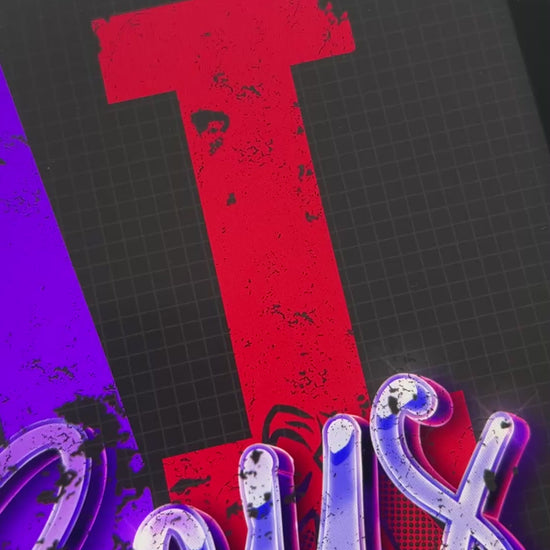 Behind the scenes: the Bat Boys artwork being drawn in Procreate on an iPad — the split blue, purple and red 'BAT' letters and the brush-script 'Boys' being coloured in with an Apple Pencil [focal 50 55]
