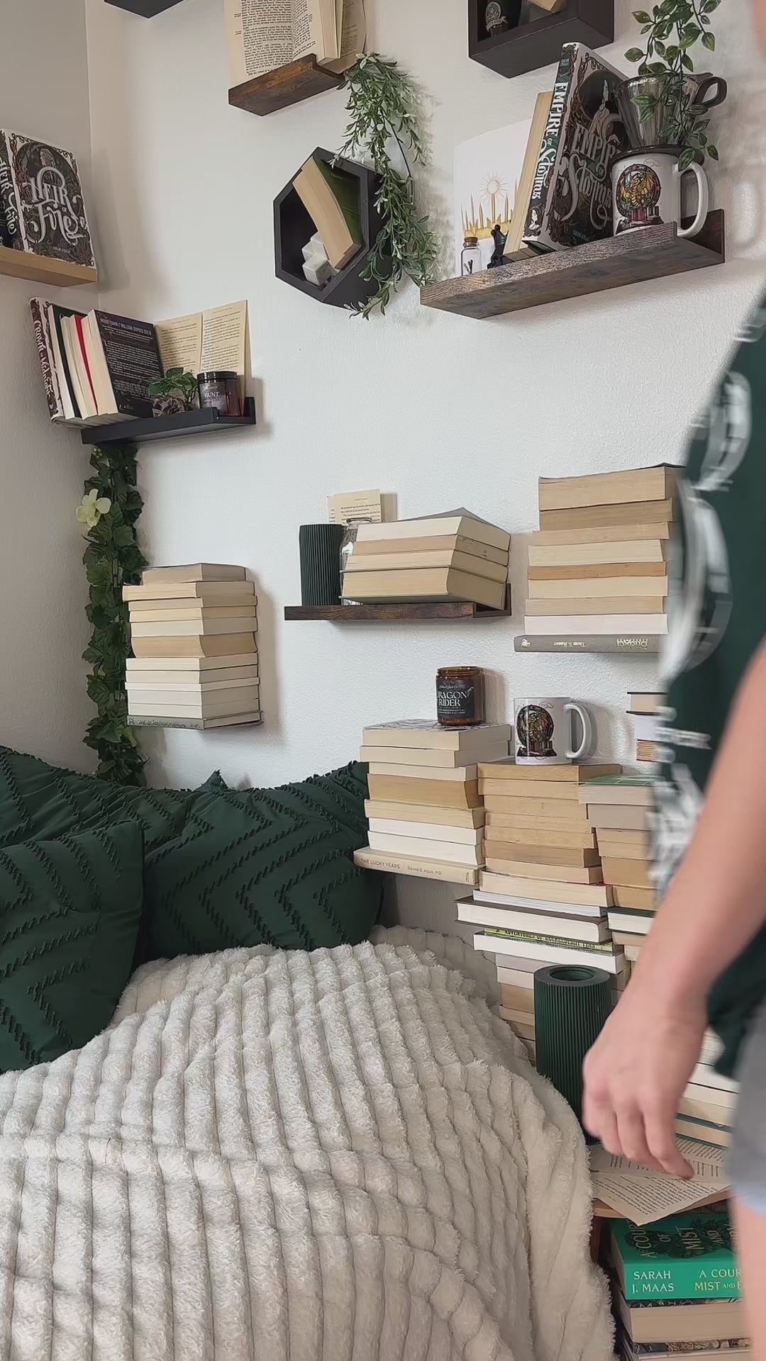 Try-on video: the dark green Rowan Whitethorn t-shirt — the vertical WHITETHORN lettering beside the hawks and 'to whatever end', ending on a close flat-lay of the print [focal 50 45]