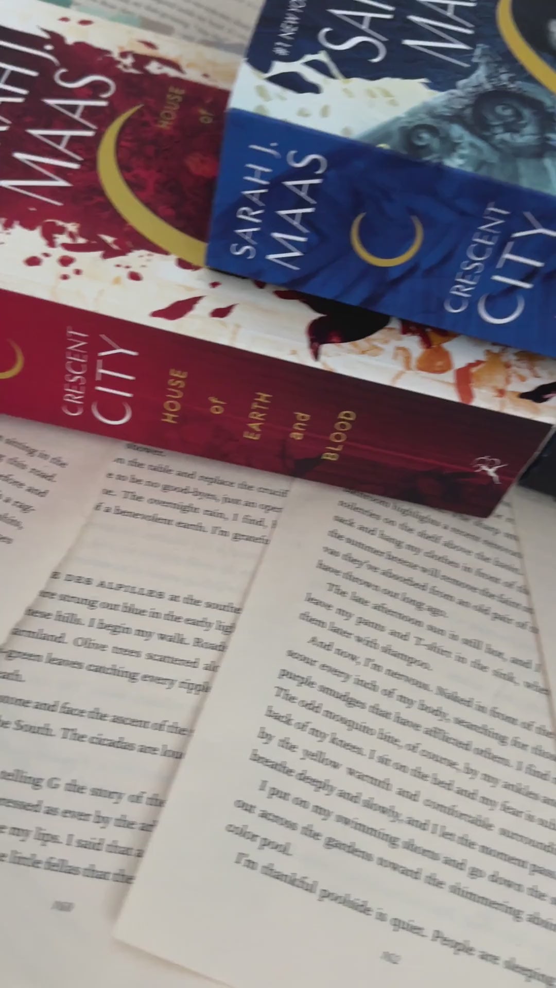 Lifestyle video: the Crescent City hardbacks, then the maroon Greetings From Crescent City sweatshirt — the blush skyline arch with 'Lunathion' and 'Light it up' beneath [focal 50 50]
