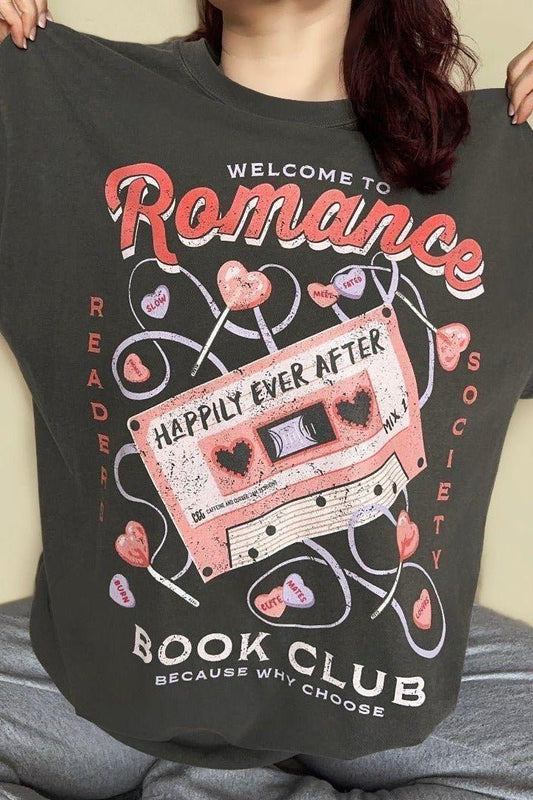 Romance Book Club T-Shirt — bookish merch by Caffeine and Curses. The mixtape of meet-cutes, slow burns, and HEAs. Hand-designed in Australia.
