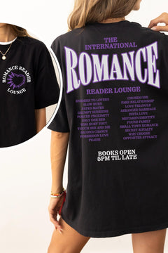 Romance Reader Lounge T-Shirt — bookish merch by Caffeine and Curses. The international romance reader lounge — enemies to lovers, only one bed. Hand-designed in Australia.