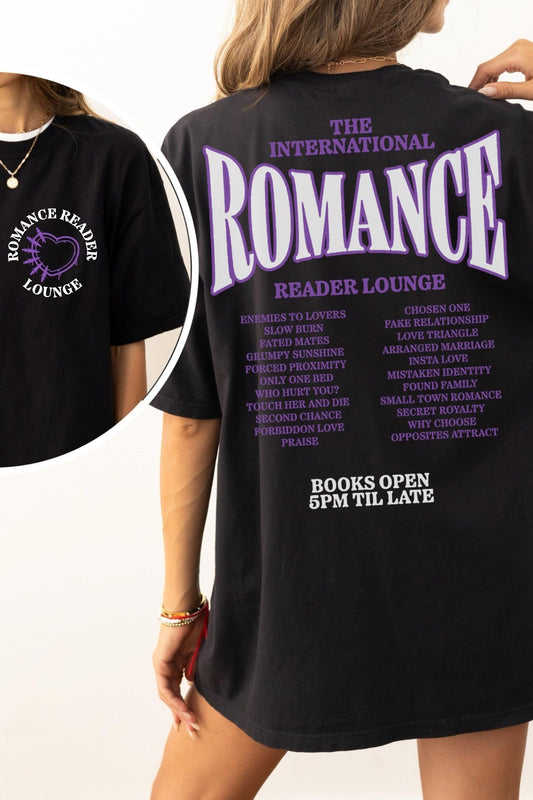 Romance Reader Lounge T-Shirt — bookish merch by Caffeine and Curses. The international romance reader lounge — enemies to lovers, only one bed. Hand-designed in Australia.