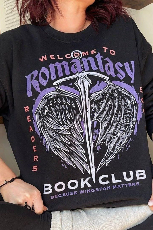 Romantasy Book Club Sweatshirt — bookish merch by Caffeine and Curses. For the fantasy + romance crossover obsessed. Hand-designed in Australia.