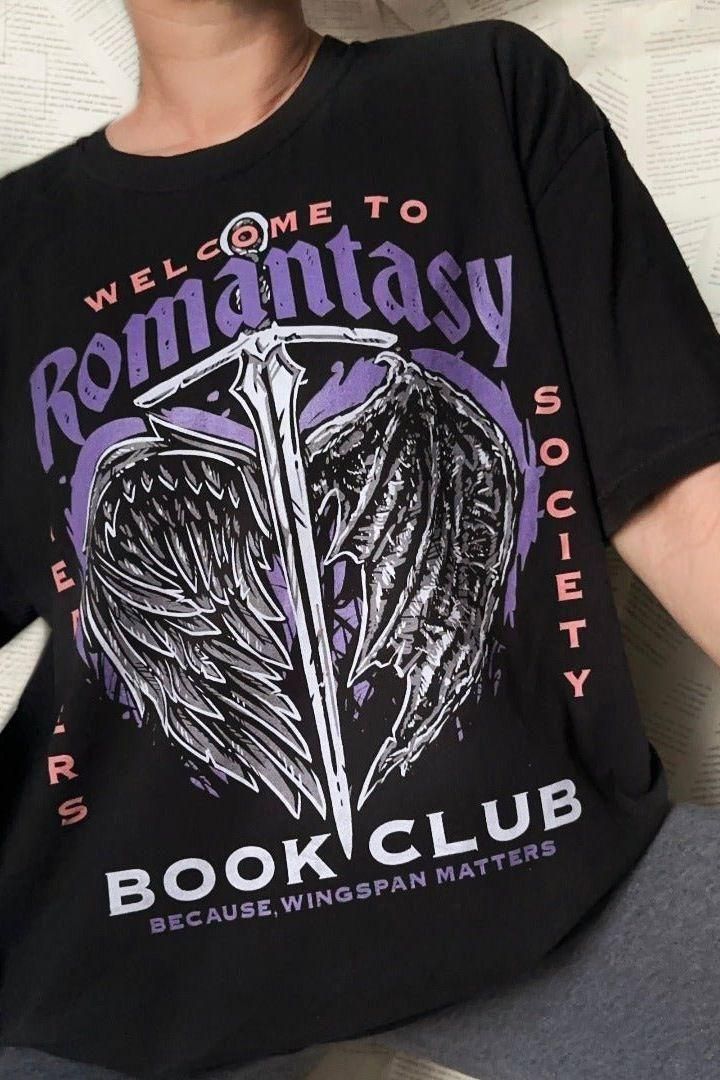 Romantasy Book Club T-Shirt — bookish merch by Caffeine and Curses. For the fantasy + romance crossover obsessed. Hand-designed in Australia.