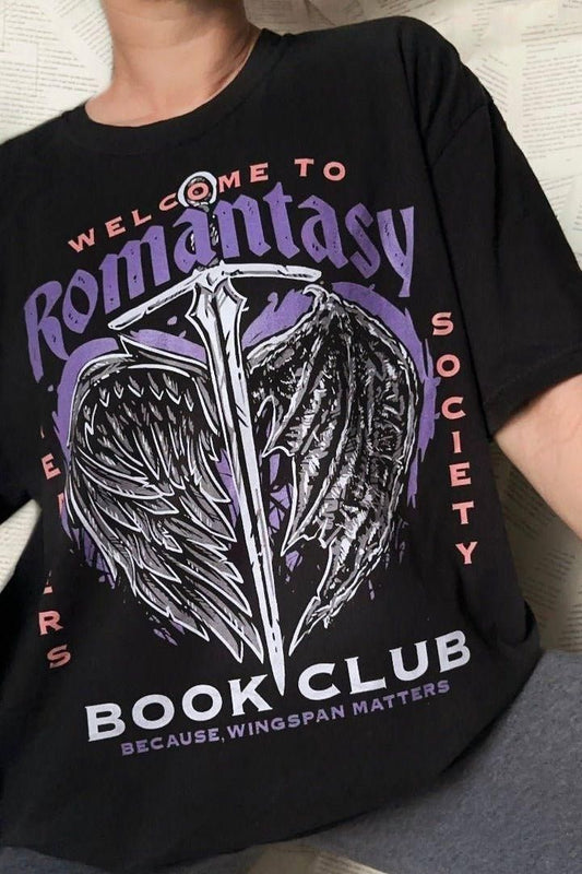Romantasy Book Club T-Shirt — bookish merch by Caffeine and Curses. For the fantasy + romance crossover obsessed. Hand-designed in Australia.