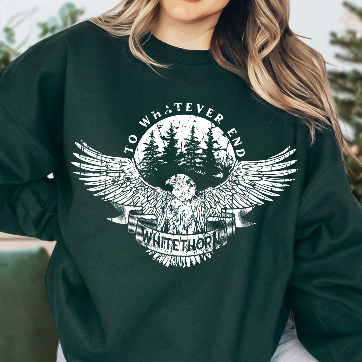 Forest green Rowan Whitethorn sweatshirt with hawk and WHITETHORN banner — Throne of Glass merch inspired by Sarah J. Maas