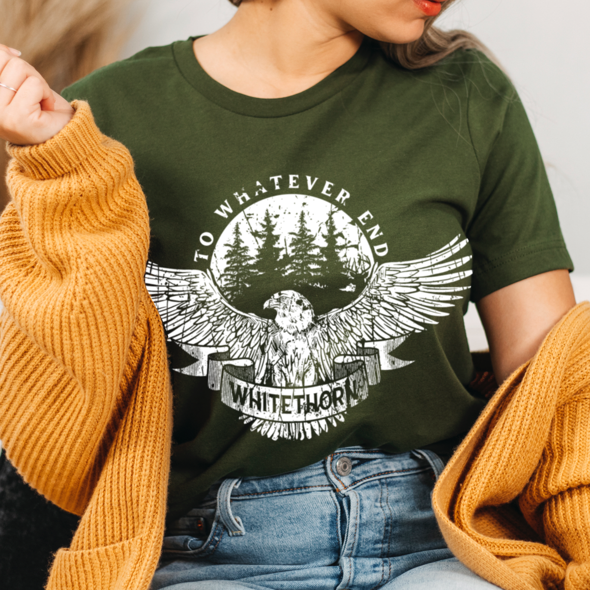 Model wearing the Rowan Whitethorn t-shirt — Throne of Glass merch inspired by Sarah J. Maas