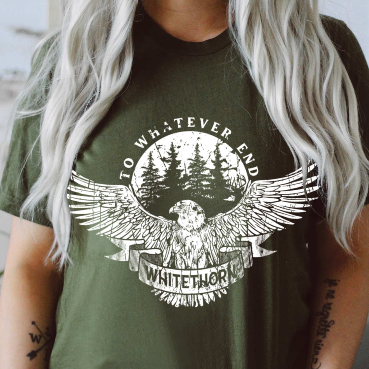 Model wearing the Rowan Whitethorn t-shirt — Throne of Glass merch inspired by Sarah J. Maas