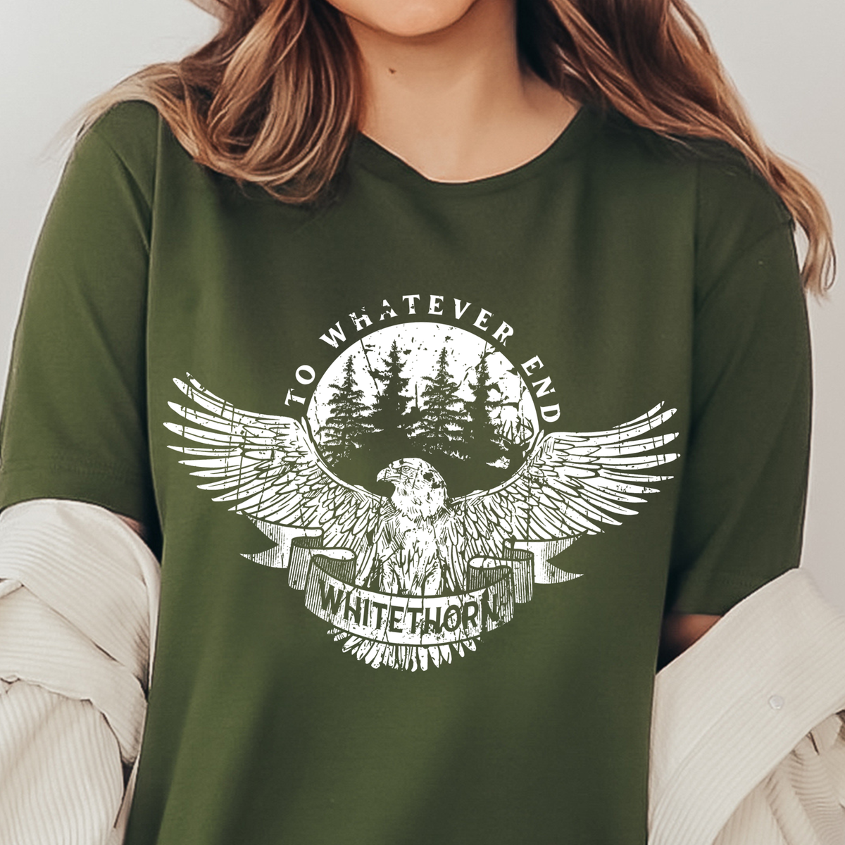 Olive Rowan Whitethorn t-shirt with hawk and To Whatever End badge — Throne of Glass merch inspired by Sarah J. Maas