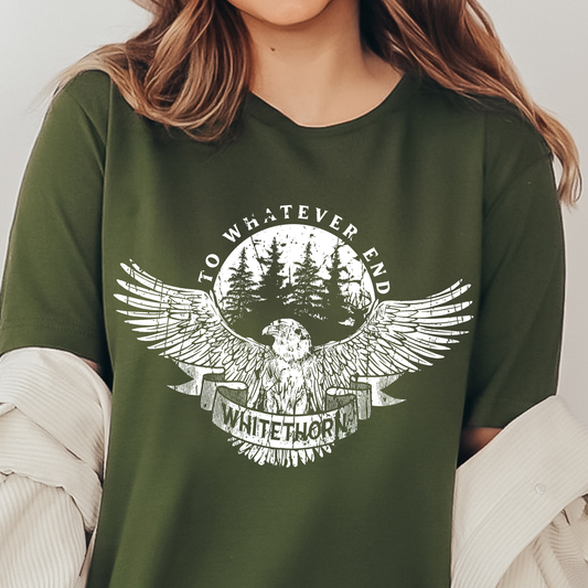 Olive Rowan Whitethorn t-shirt with hawk and To Whatever End badge — Throne of Glass merch inspired by Sarah J. Maas
