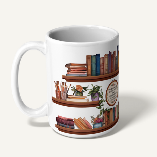 White Sarah J Maas shelfie mug, left side — merch inspired by the worlds of Sarah J. Maas