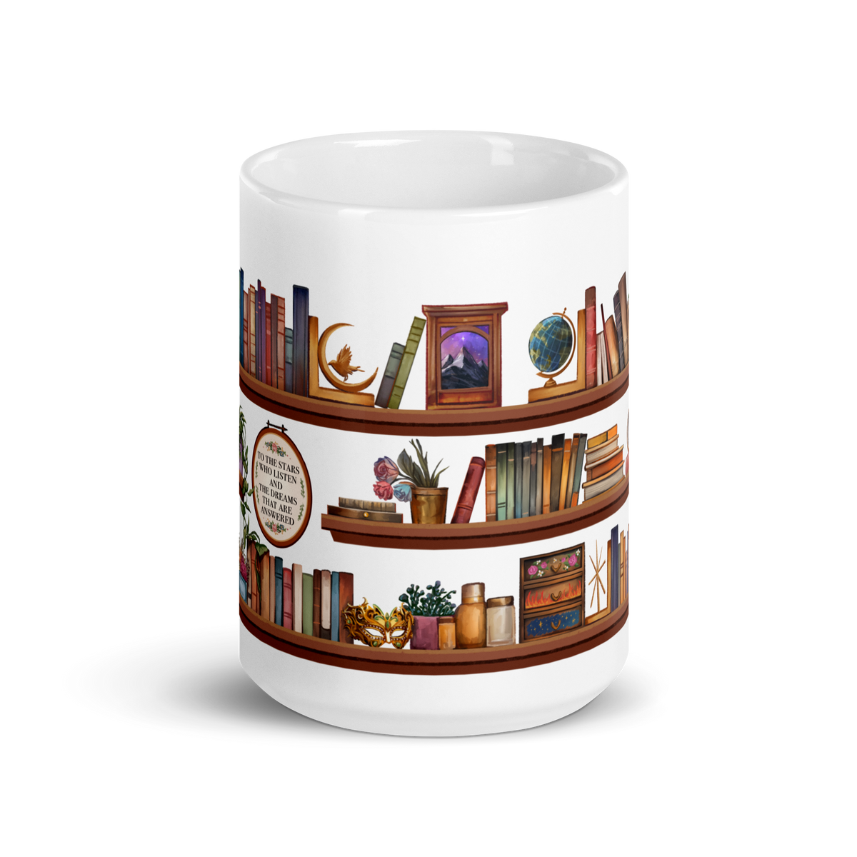 Sarah J Maas shelfie 15oz mug, front view — merch inspired by the worlds of Sarah J. Maas
