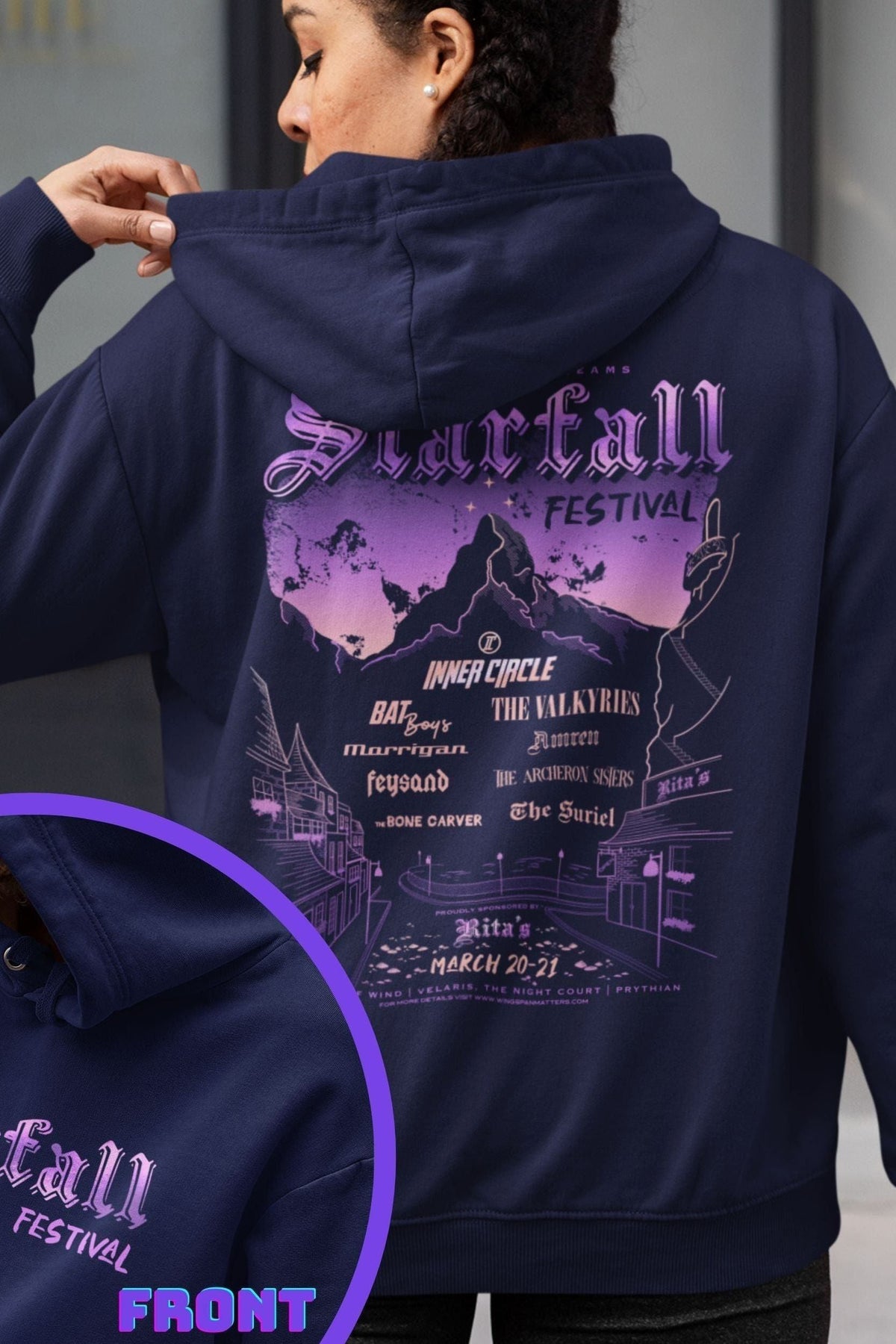 Starfall Festival Hoodie — ACOTAR merch by Sarah J. Maas. The Night Court festival where the world goes to dust and starlight. Hand-designed in Australia, officially licensed.