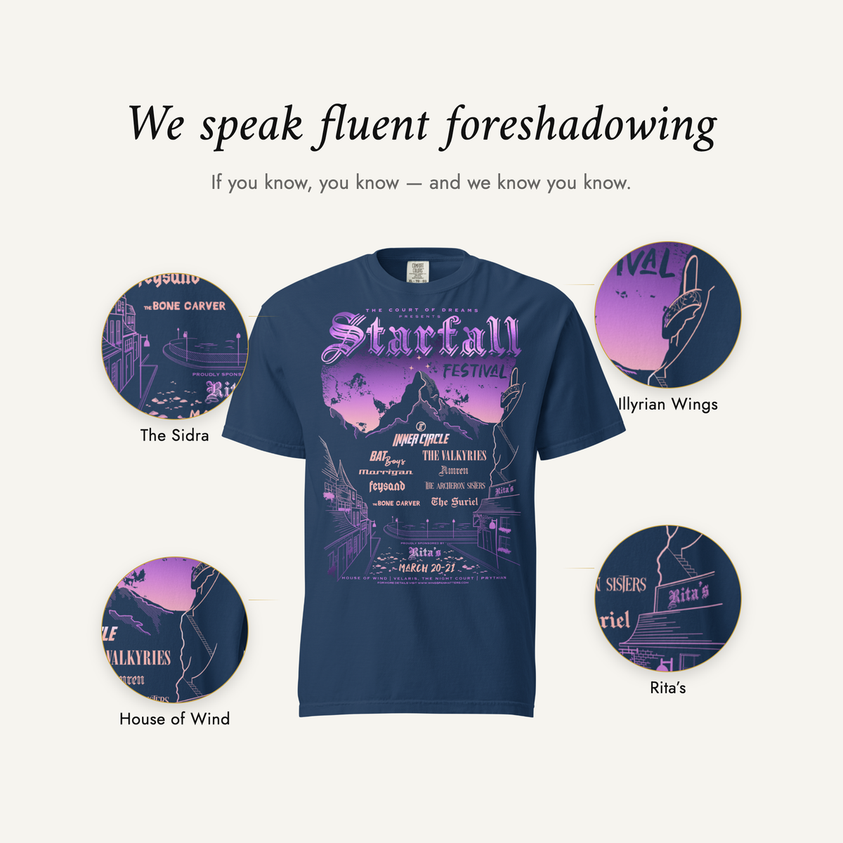 We speak fluent foreshadowing — the Starfall Festival t-shirt with four details magnified: the Illyrian wings on the balcony, Rita's, the Sidra, and the House of Wind with its stairs on the outside