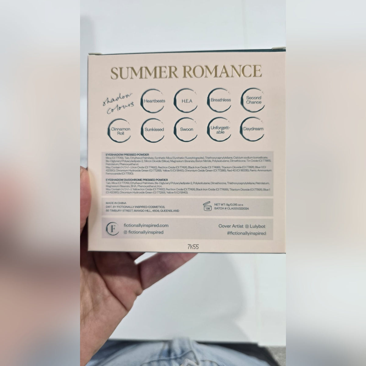 Summer Romance Eyeshadow Palette — back of box: shades and ingredients
