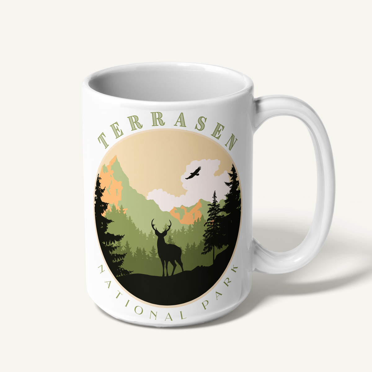 White Terrasen National Park mug, right side — Throne of Glass merch inspired by Sarah J. Maas