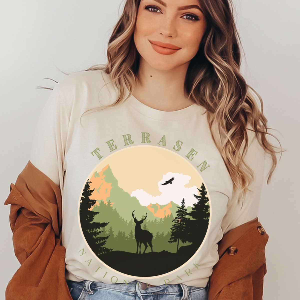 Soft cream Terrasen National Park t-shirt styled — Throne of Glass merch inspired by Sarah J. Maas