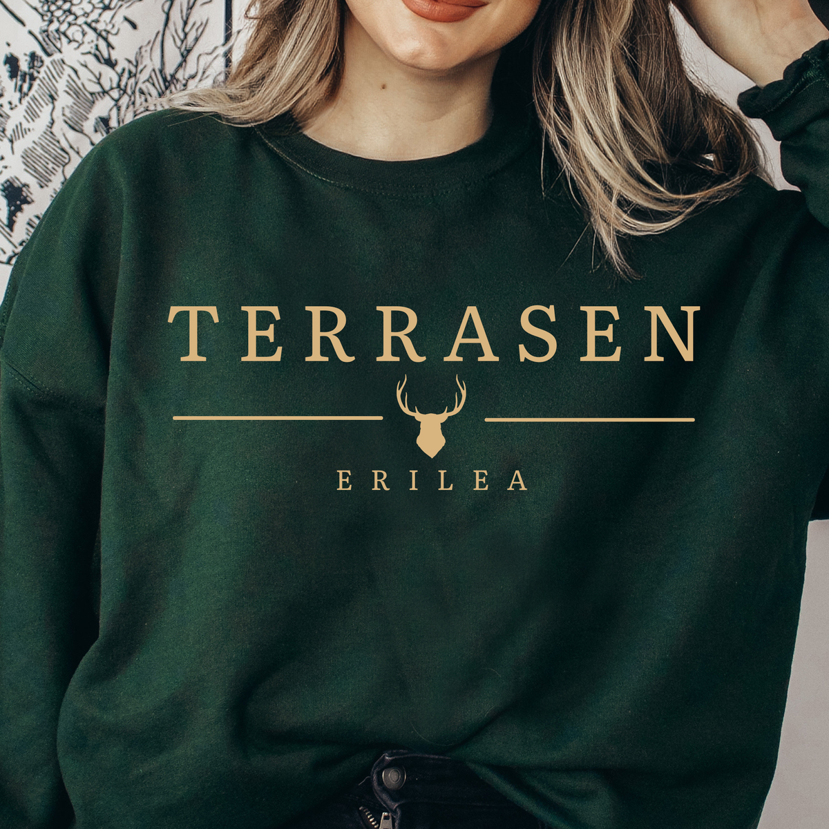 Forest green Terrasen sweatshirt styled — Throne of Glass merch inspired by Sarah J. Maas
