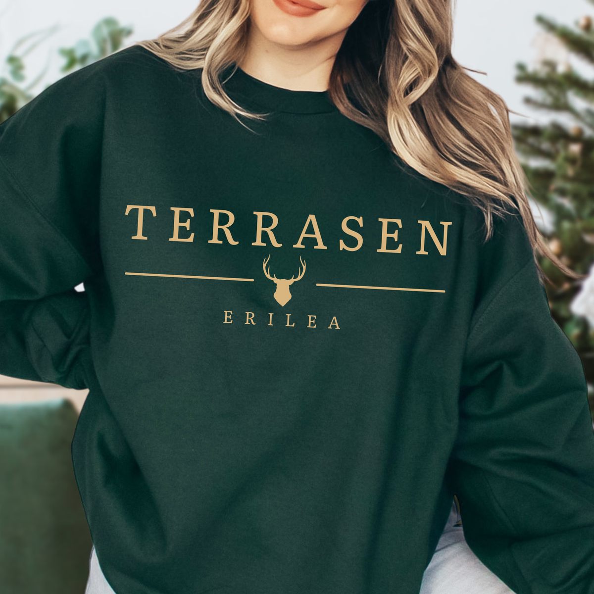 Forest green Terrasen sweatshirt with stag emblem — Throne of Glass merch inspired by Sarah J. Maas
