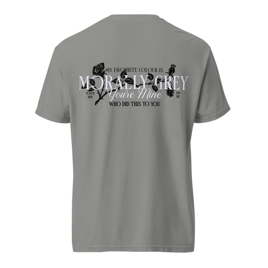 Morally Grey Vol 2 T-Shirt — bookish merch by Caffeine and Curses. He's not a villain — he's morally grey. Hand-designed in Australia.