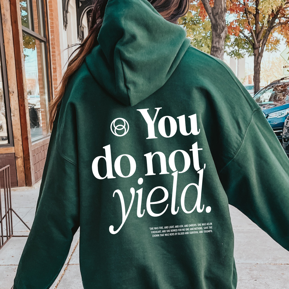 You Do Not Yield hoodie detail — Throne of Glass merch inspired by Sarah J. Maas